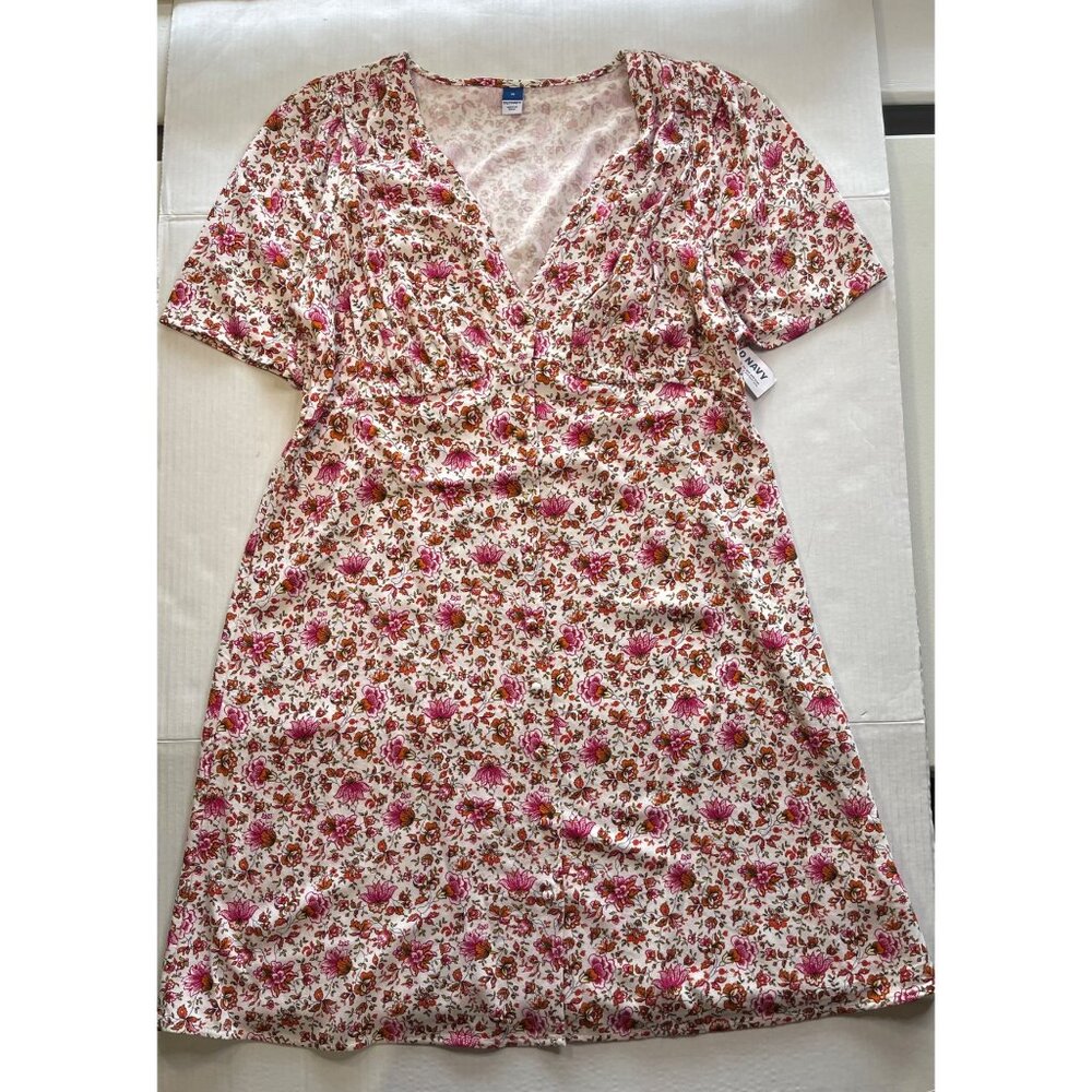 NWT Old Navy Floral Pink‎ Button Down V-neck Sz M Summer Dress A-line Silhouette